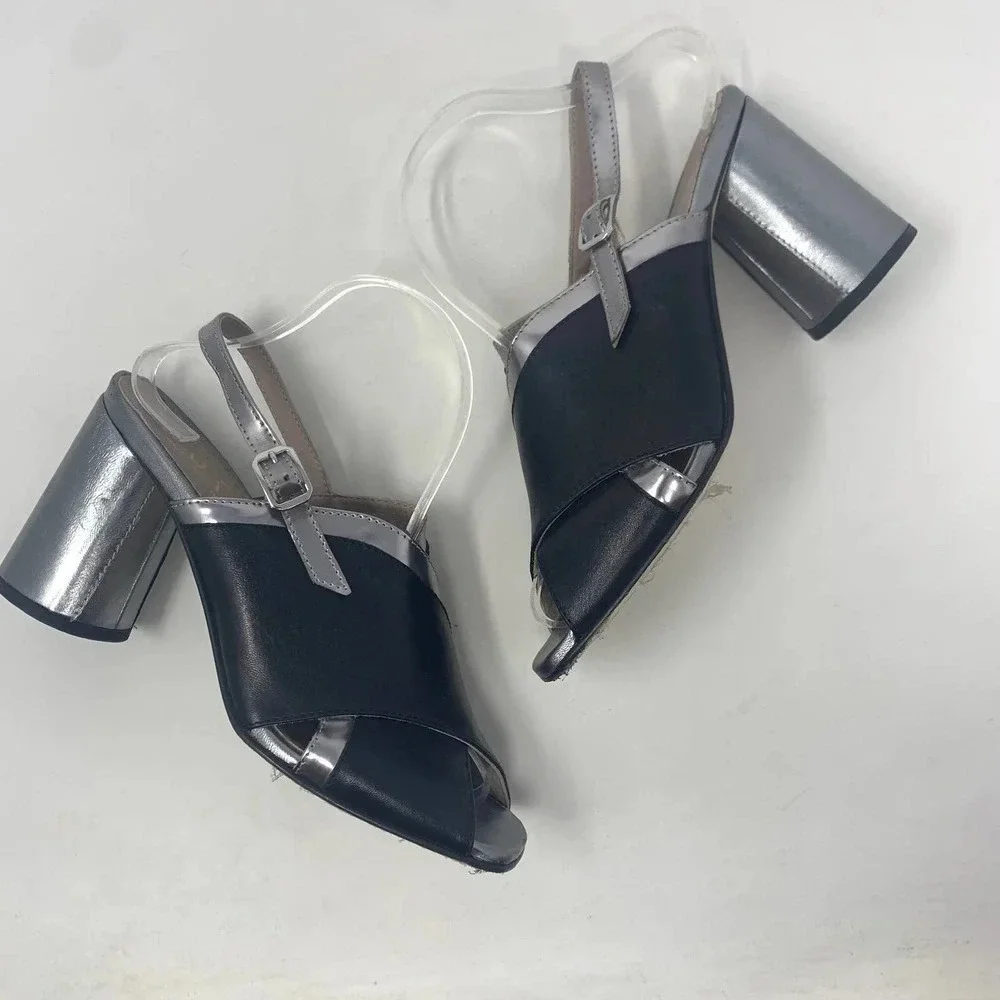 Ouigal Metallic Slingback Heels Black Silver
